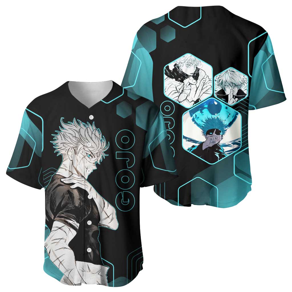 Gojo Satoru Jujutsu Kaisen Blue Hexagon Pattern Baseball Jersey with Intense Expressions and Modern Anime Art - The Mazicc