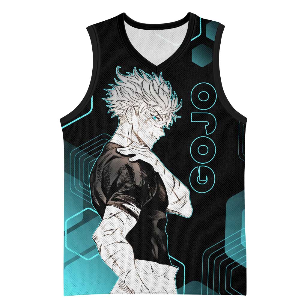 Gojo Satoru Jujutsu Kaisen Blue Hexagon Pattern Basketball Jersey with Intense Expressions and Modern Anime Art - The Mazicc