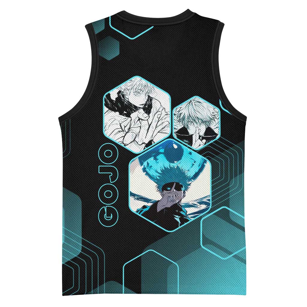 Gojo Satoru Jujutsu Kaisen Blue Hexagon Pattern Basketball Jersey with Intense Expressions and Modern Anime Art - The Mazicc