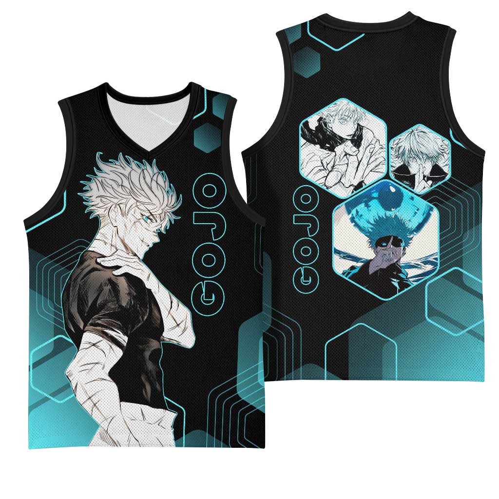 Gojo Satoru Jujutsu Kaisen Blue Hexagon Pattern Basketball Jersey with Intense Expressions and Modern Anime Art - The Mazicc