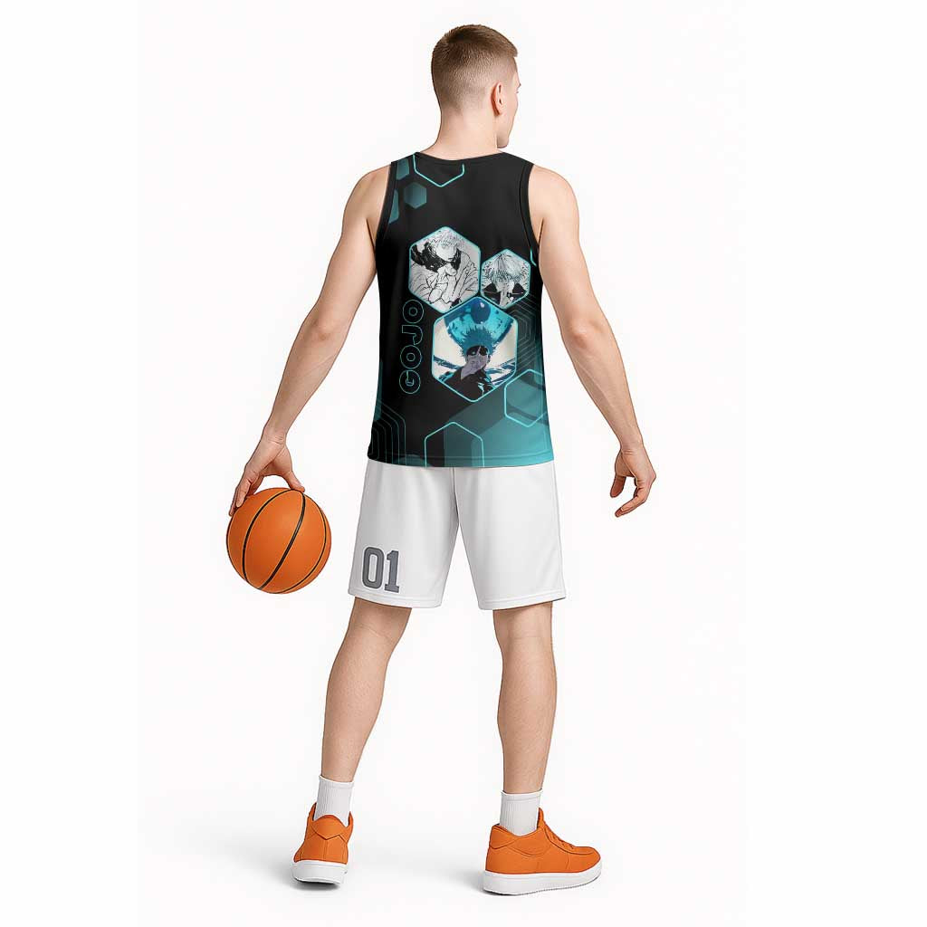 Gojo Satoru Jujutsu Kaisen Blue Hexagon Pattern Basketball Jersey with Intense Expressions and Modern Anime Art - The Mazicc