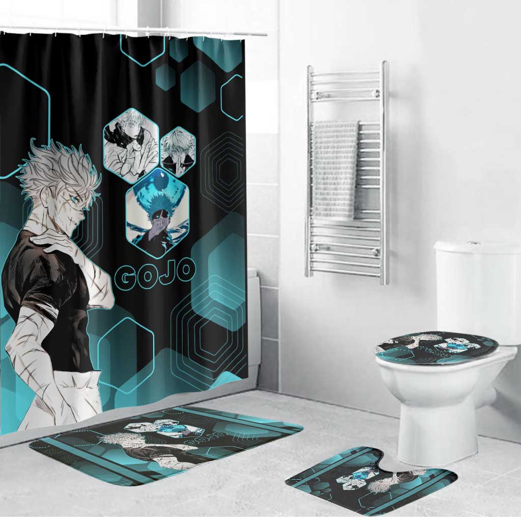 Gojo Satoru Jujutsu Kaisen Blue Hexagon Pattern Bathroom Set with Intense Expressions and Modern Anime Art - The Mazicc