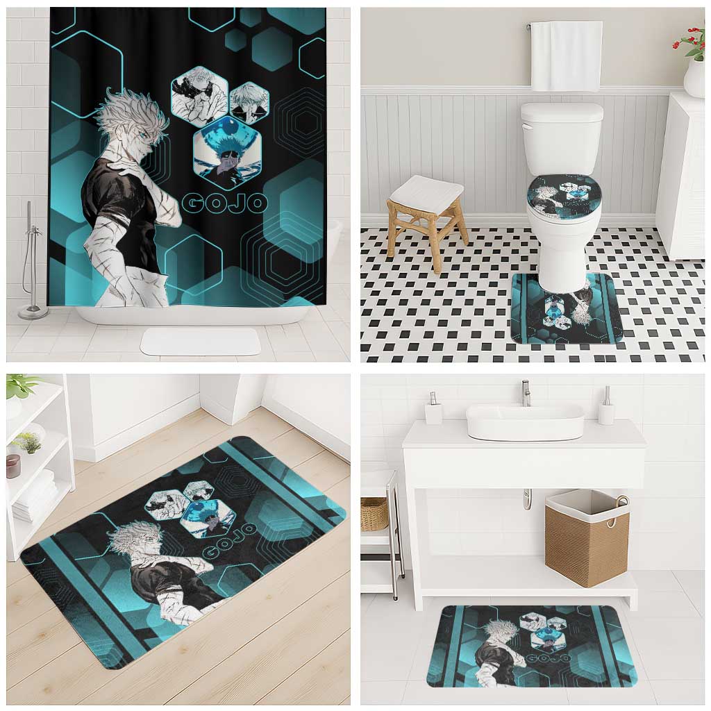 Gojo Satoru Jujutsu Kaisen Blue Hexagon Pattern Bathroom Set with Intense Expressions and Modern Anime Art - The Mazicc