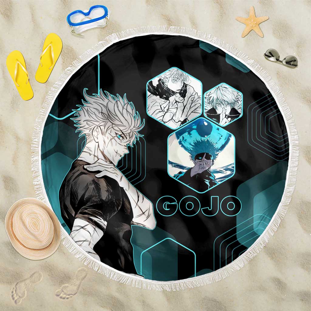 Gojo Satoru Jujutsu Kaisen Blue Hexagon Pattern Beach Blanket with Intense Expressions and Modern Anime Art - The Mazicc
