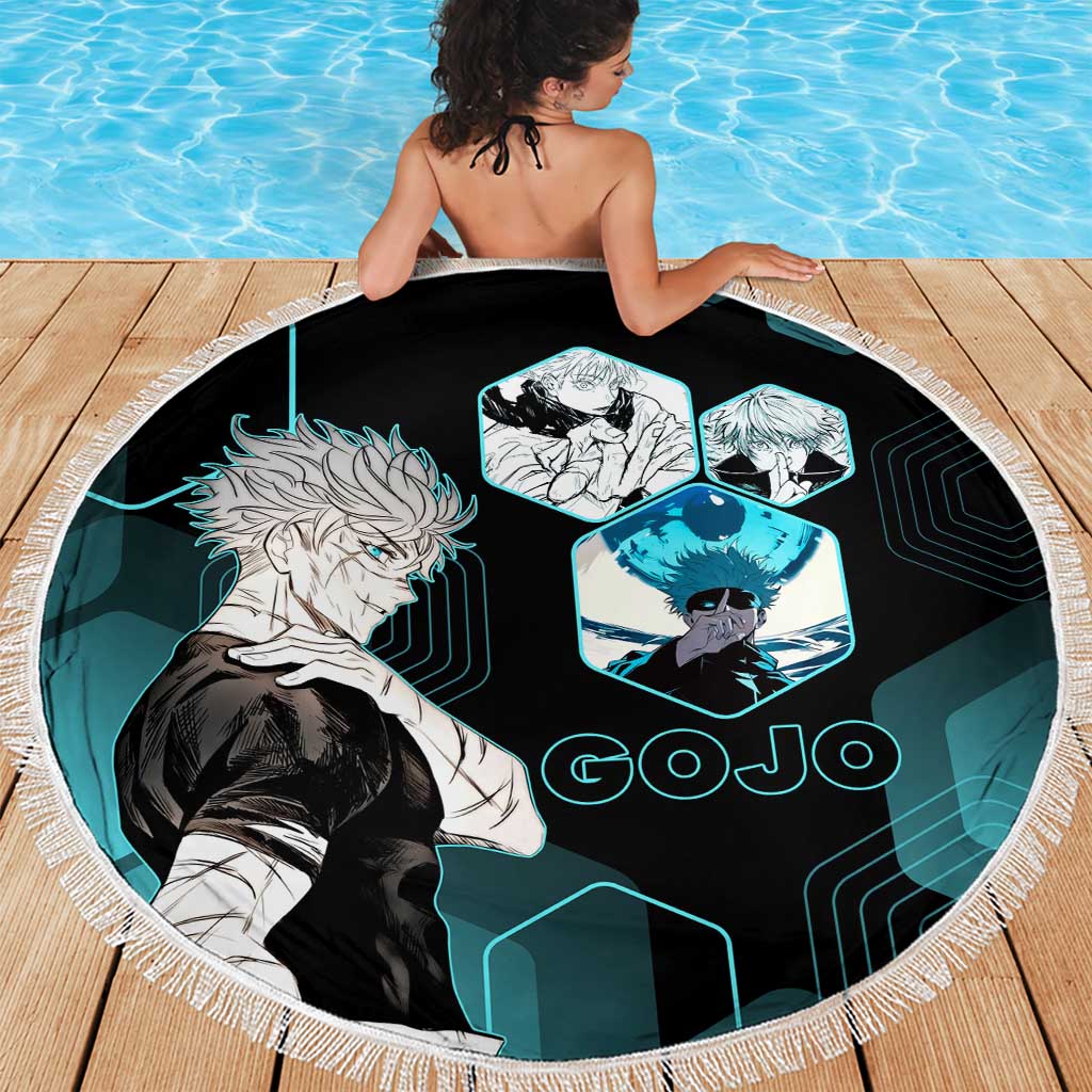 Gojo Satoru Jujutsu Kaisen Blue Hexagon Pattern Beach Blanket with Intense Expressions and Modern Anime Art - The Mazicc
