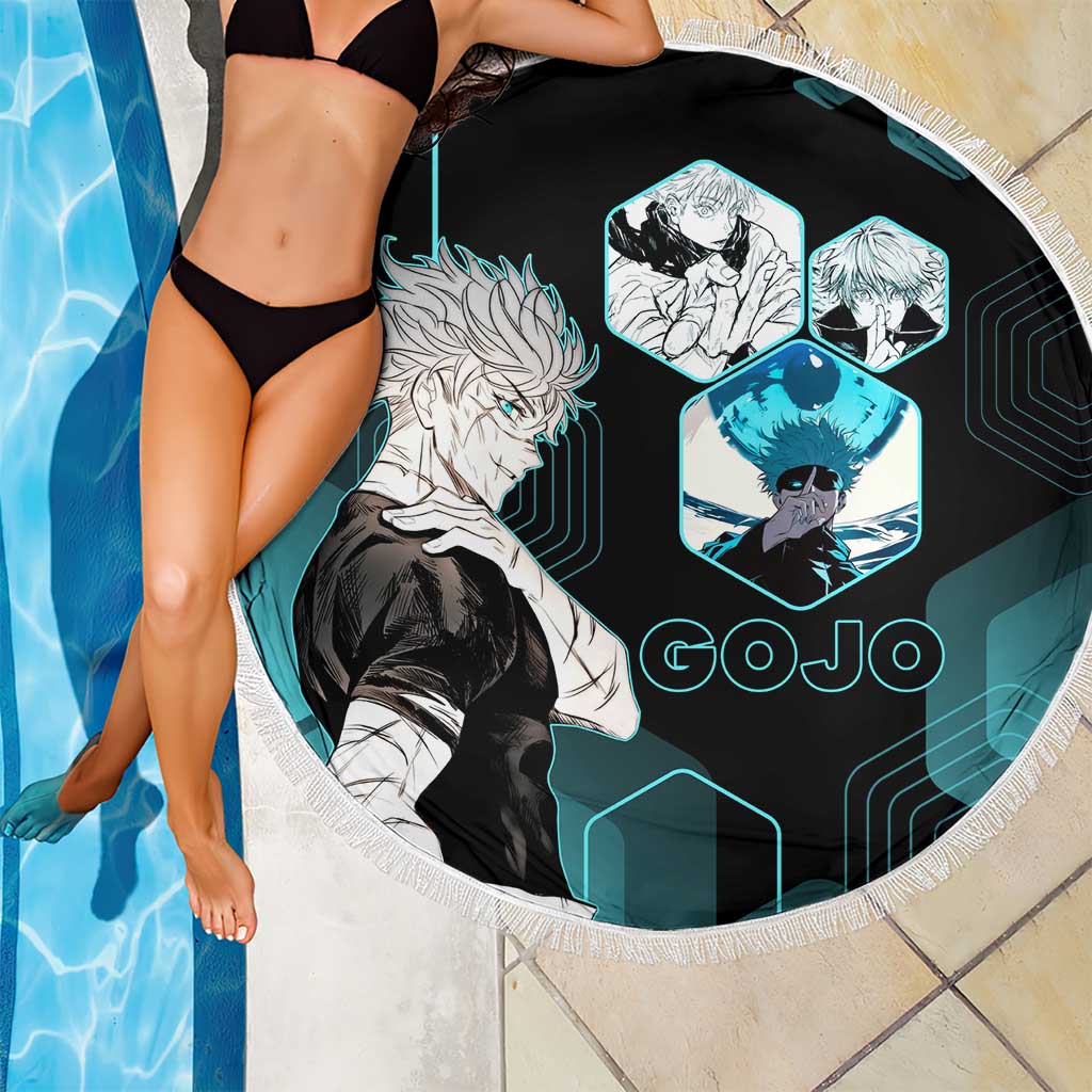 Gojo Satoru Jujutsu Kaisen Blue Hexagon Pattern Beach Blanket with Intense Expressions and Modern Anime Art - The Mazicc