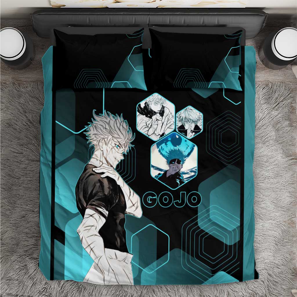 Gojo Satoru Jujutsu Kaisen Blue Hexagon Pattern Bedding Set with Intense Expressions and Modern Anime Art - The Mazicc