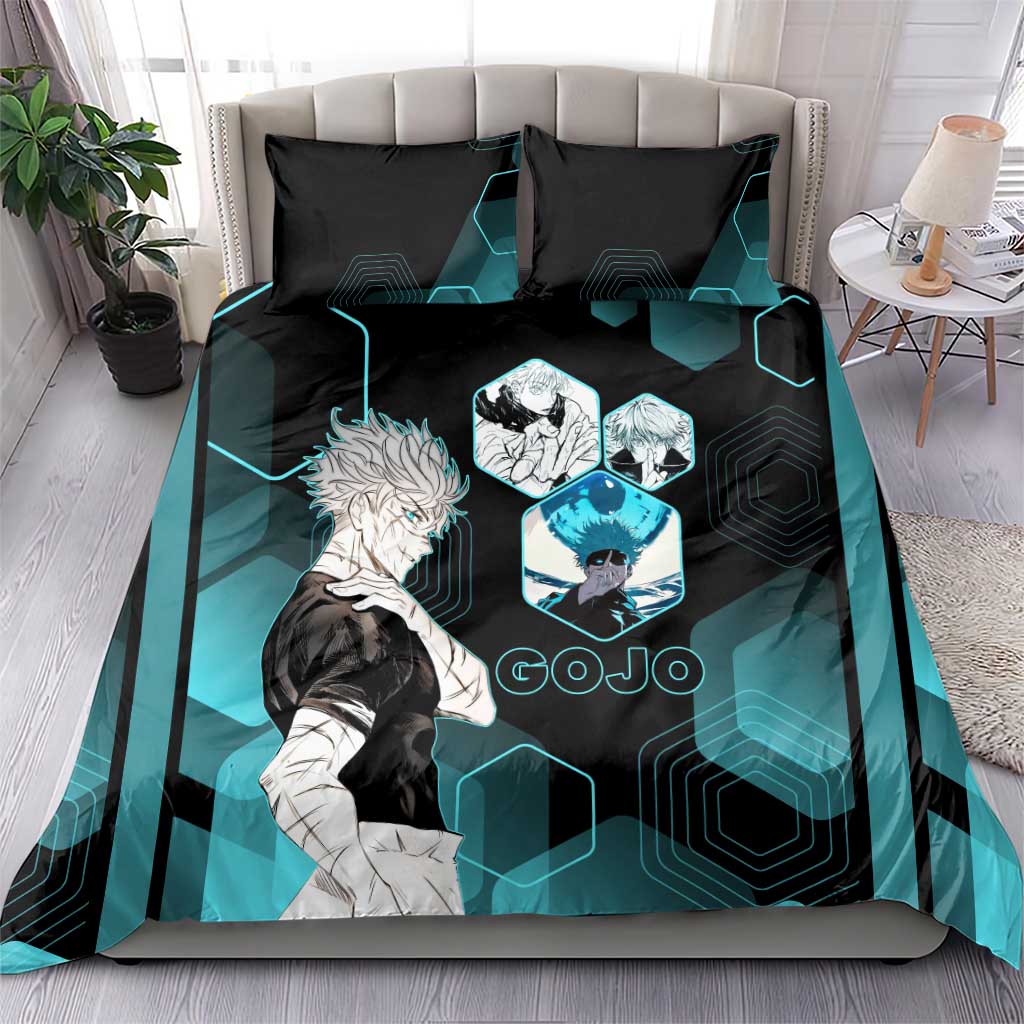 Gojo Satoru Jujutsu Kaisen Blue Hexagon Pattern Bedding Set with Intense Expressions and Modern Anime Art - The Mazicc