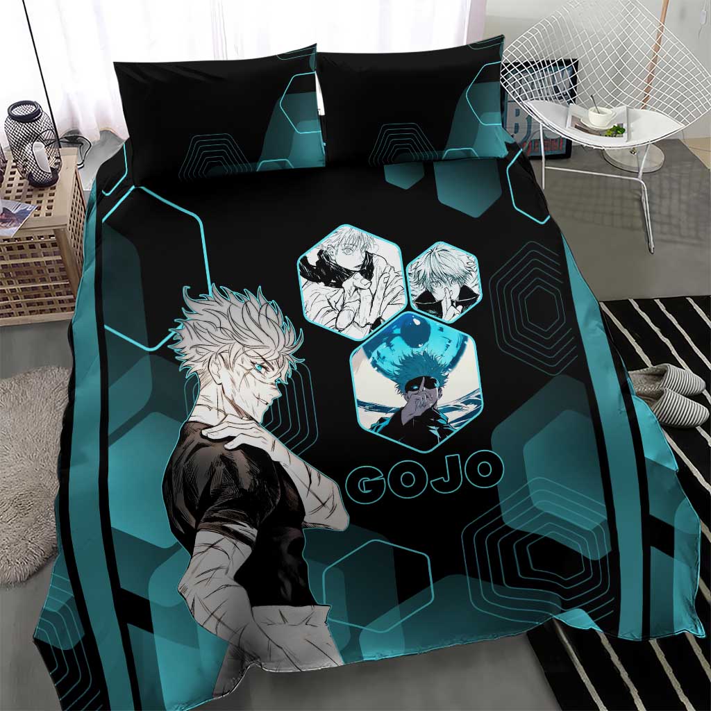 Gojo Satoru Jujutsu Kaisen Blue Hexagon Pattern Bedding Set with Intense Expressions and Modern Anime Art - The Mazicc