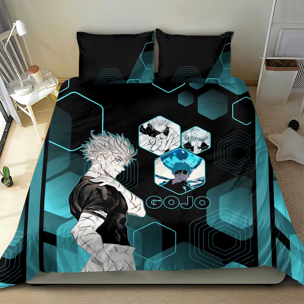 Gojo Satoru Jujutsu Kaisen Blue Hexagon Pattern Bedding Set with Intense Expressions and Modern Anime Art - The Mazicc