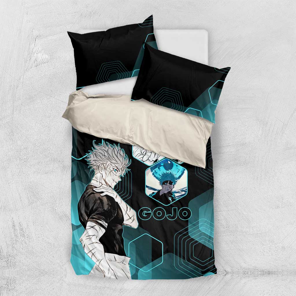 Gojo Satoru Jujutsu Kaisen Blue Hexagon Pattern Bedding Set with Intense Expressions and Modern Anime Art - The Mazicc