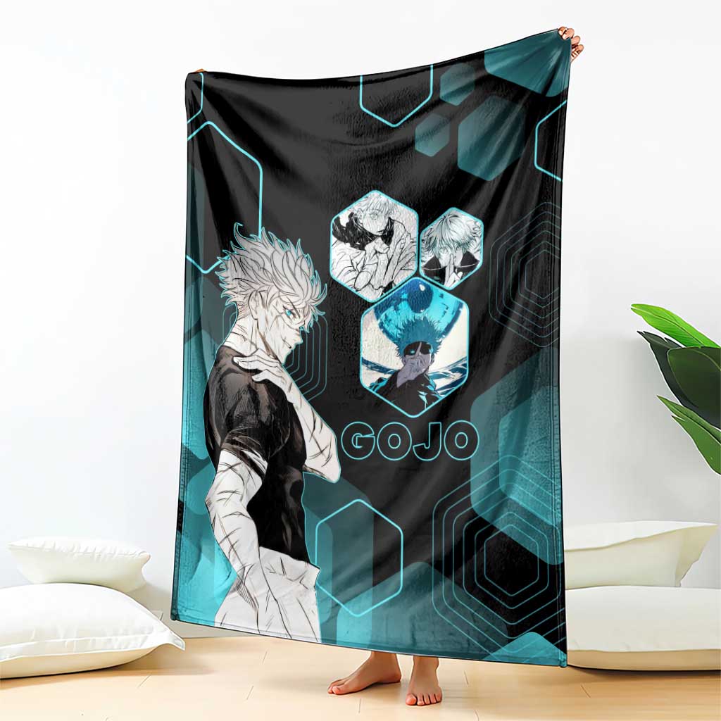 Gojo Satoru Jujutsu Kaisen Blue Hexagon Pattern Blanket with Intense Expressions and Modern Anime Art - The Mazicc