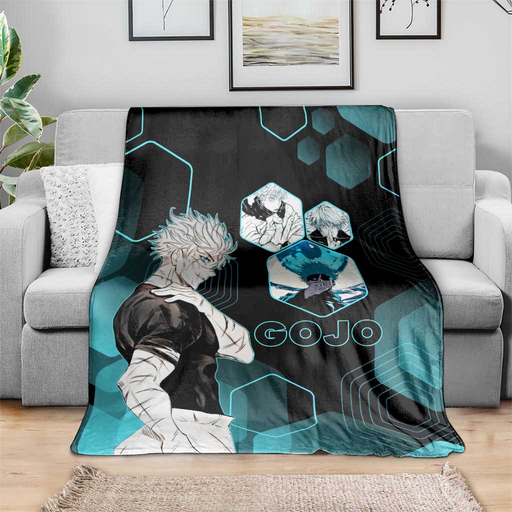 Gojo Satoru Jujutsu Kaisen Blue Hexagon Pattern Blanket with Intense Expressions and Modern Anime Art - The Mazicc
