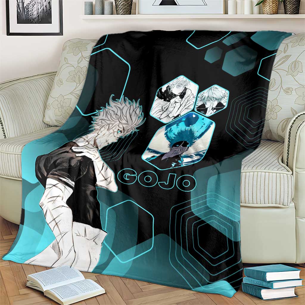 Gojo Satoru Jujutsu Kaisen Blue Hexagon Pattern Blanket with Intense Expressions and Modern Anime Art - The Mazicc
