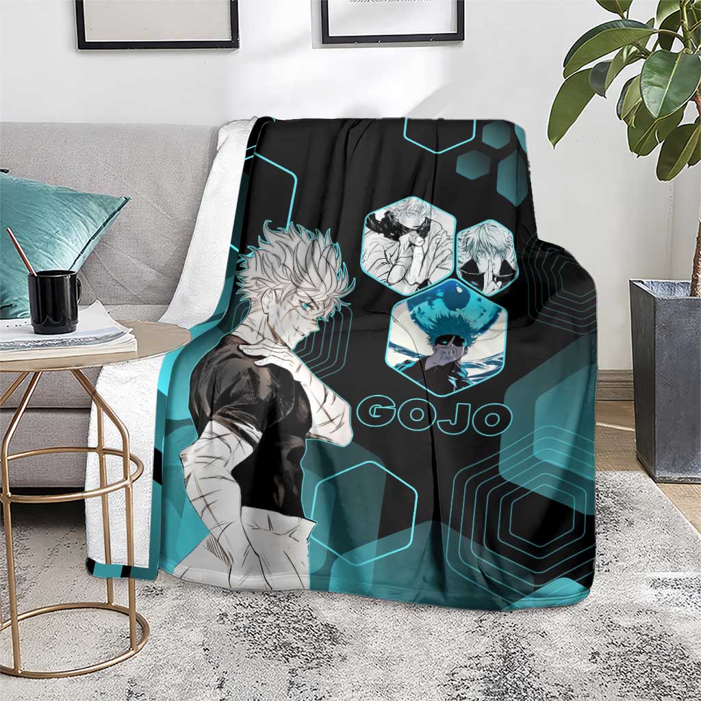 Gojo Satoru Jujutsu Kaisen Blue Hexagon Pattern Blanket with Intense Expressions and Modern Anime Art - The Mazicc