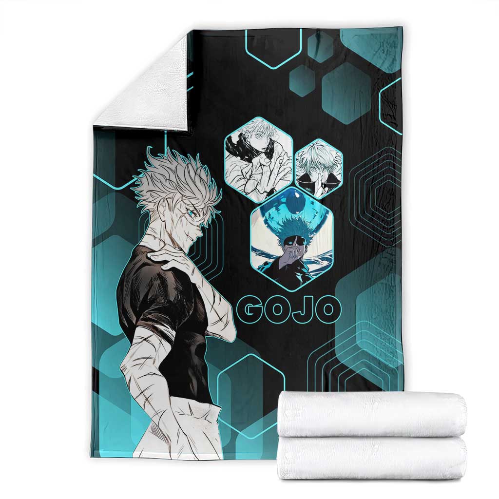 Gojo Satoru Jujutsu Kaisen Blue Hexagon Pattern Blanket with Intense Expressions and Modern Anime Art - The Mazicc