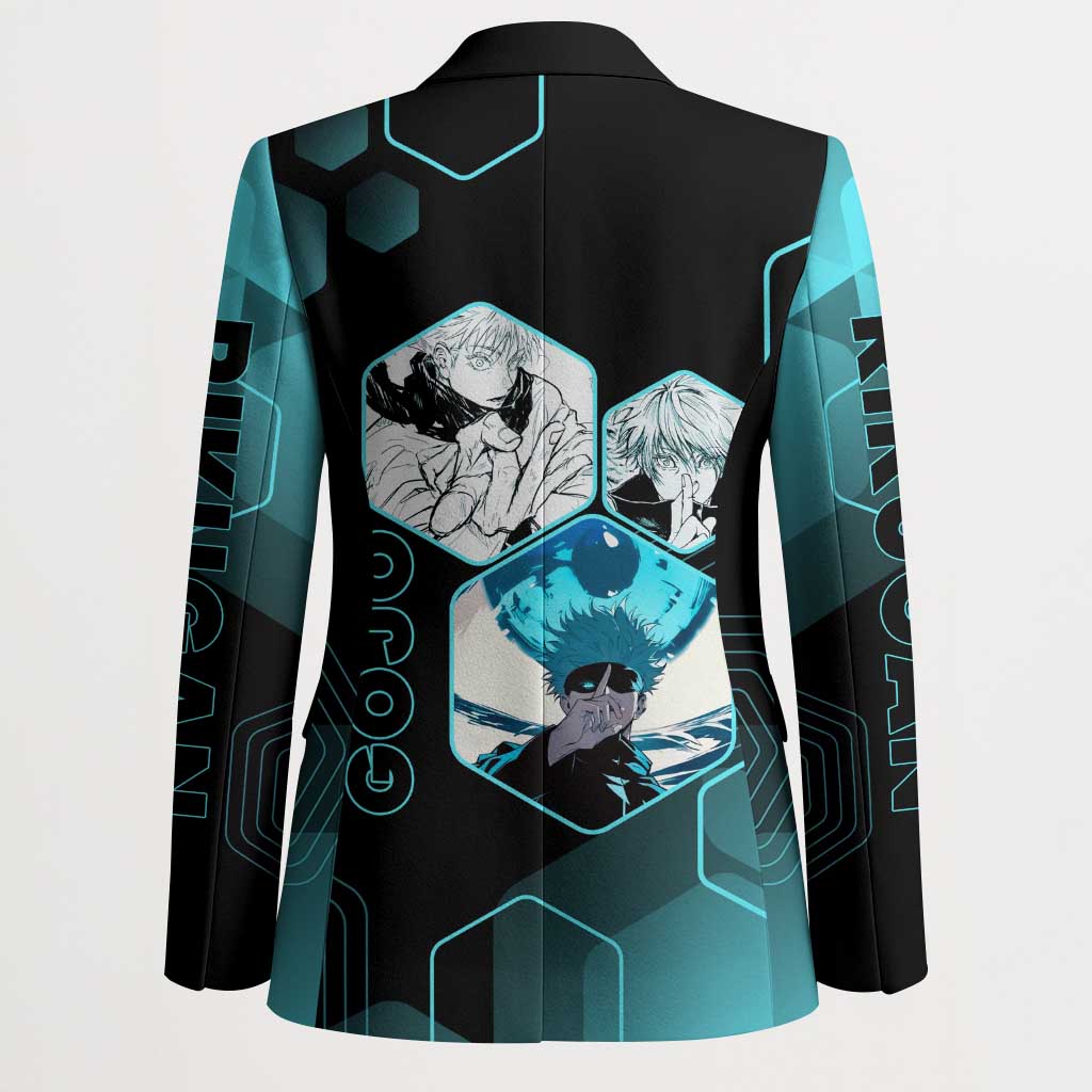 Gojo Satoru Jujutsu Kaisen Blue Hexagon Pattern Blazer with Intense Expressions and Modern Anime Art - The Mazicc