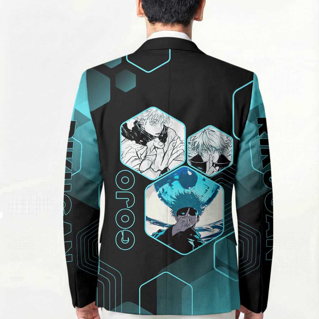 Gojo Satoru Jujutsu Kaisen Blue Hexagon Pattern Blazer with Intense Expressions and Modern Anime Art - The Mazicc