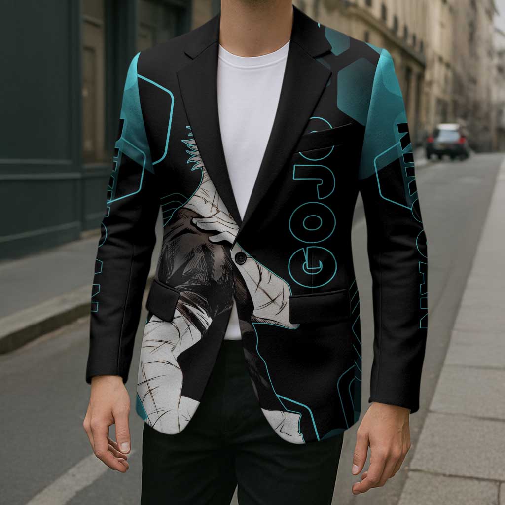 Gojo Satoru Jujutsu Kaisen Blue Hexagon Pattern Blazer with Intense Expressions and Modern Anime Art - The Mazicc