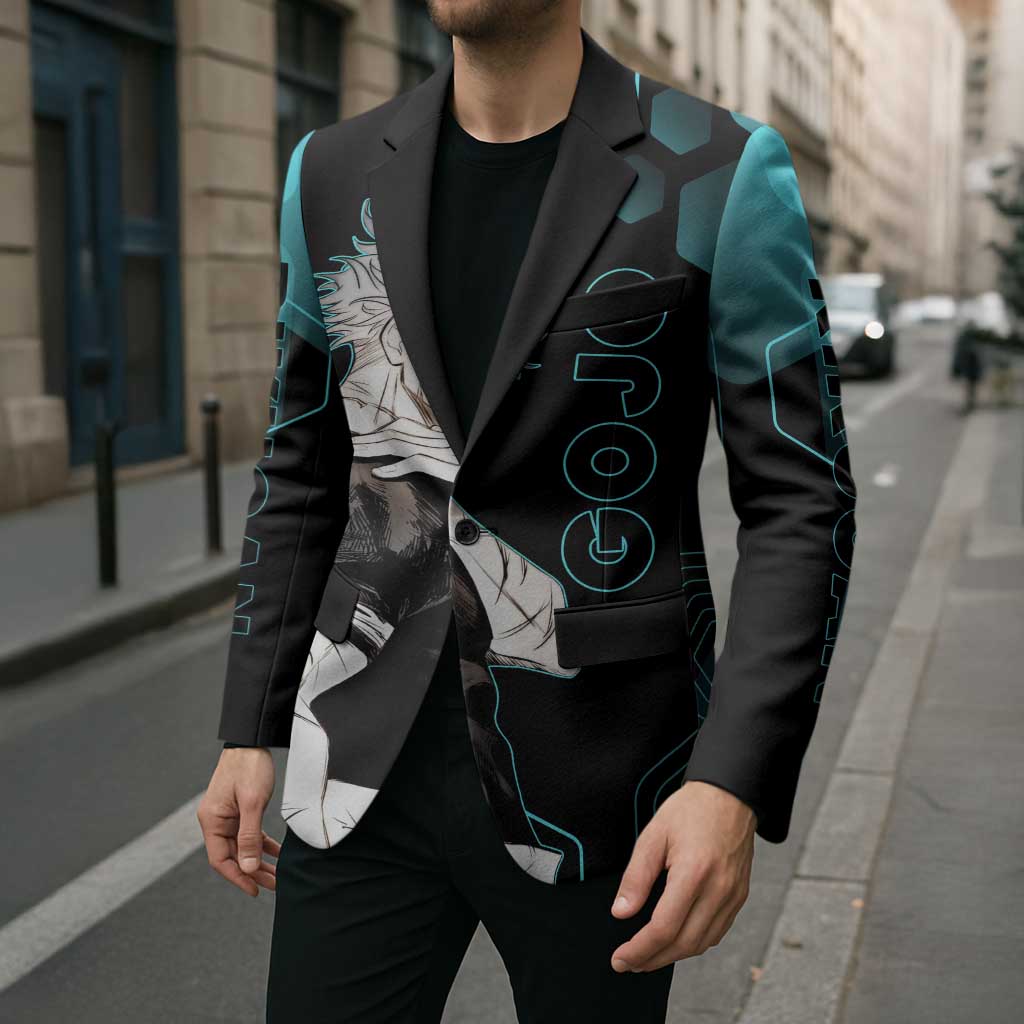 Gojo Satoru Jujutsu Kaisen Blue Hexagon Pattern Blazer with Intense Expressions and Modern Anime Art - The Mazicc