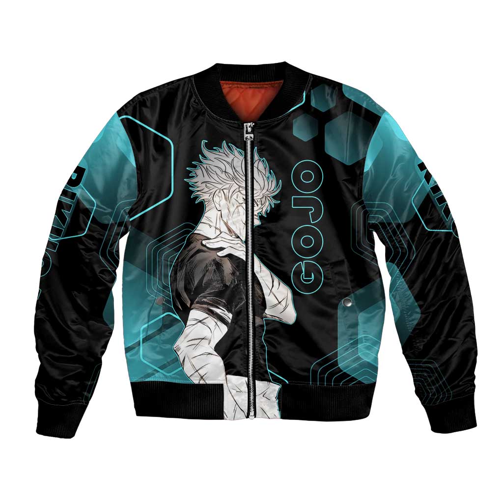 Gojo Satoru Jujutsu Kaisen Blue Hexagon Pattern Bomber Jacket with Intense Expressions and Modern Anime Art - The Mazicc