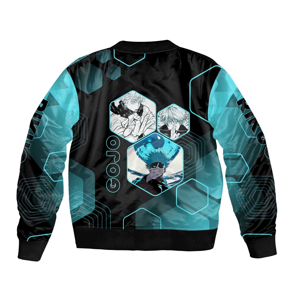 Gojo Satoru Jujutsu Kaisen Blue Hexagon Pattern Bomber Jacket with Intense Expressions and Modern Anime Art - The Mazicc