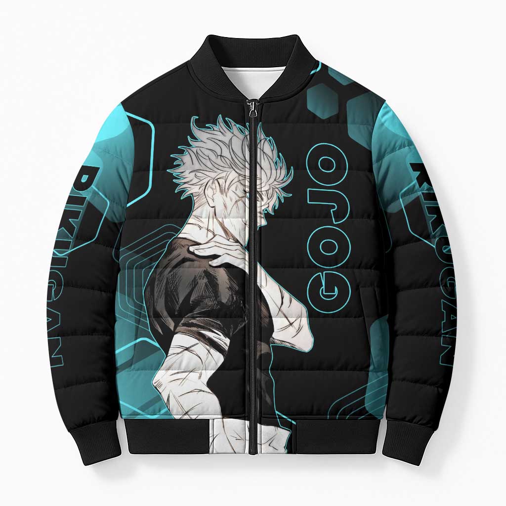 Gojo Satoru Jujutsu Kaisen Blue Hexagon Pattern Bomber Puffer Jacket with Intense Expressions and Modern Anime Art - The Mazicc