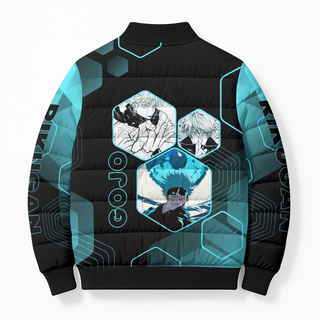 Gojo Satoru Jujutsu Kaisen Blue Hexagon Pattern Bomber Puffer Jacket with Intense Expressions and Modern Anime Art - The Mazicc