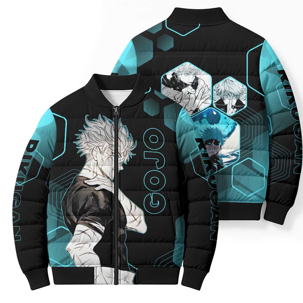 Gojo Satoru Jujutsu Kaisen Blue Hexagon Pattern Bomber Puffer Jacket with Intense Expressions and Modern Anime Art - The Mazicc