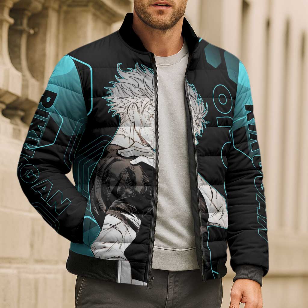 Gojo Satoru Jujutsu Kaisen Blue Hexagon Pattern Bomber Puffer Jacket with Intense Expressions and Modern Anime Art - The Mazicc