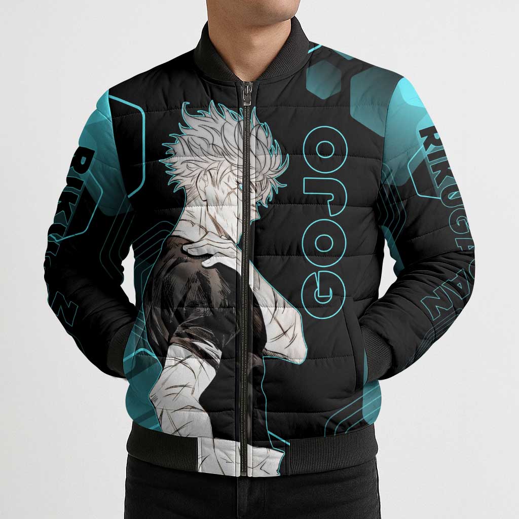 Gojo Satoru Jujutsu Kaisen Blue Hexagon Pattern Bomber Puffer Jacket with Intense Expressions and Modern Anime Art - The Mazicc