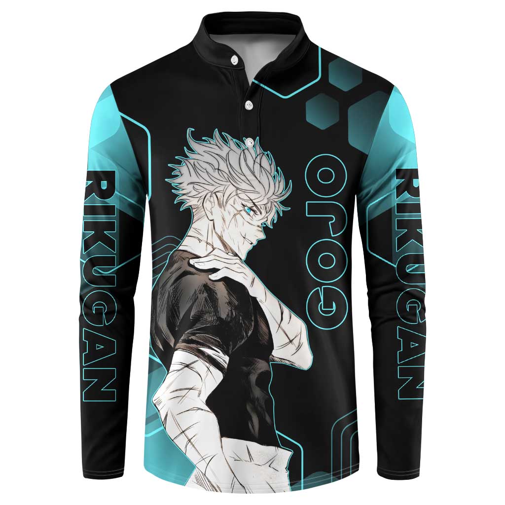 Gojo Satoru Jujutsu Kaisen Blue Hexagon Pattern Button Sweatshirt with Intense Expressions and Modern Anime Art - The Mazicc