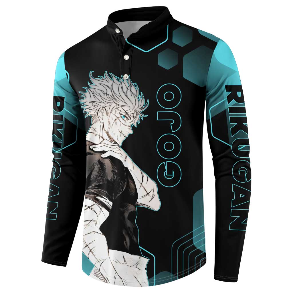Gojo Satoru Jujutsu Kaisen Blue Hexagon Pattern Button Sweatshirt with Intense Expressions and Modern Anime Art - The Mazicc