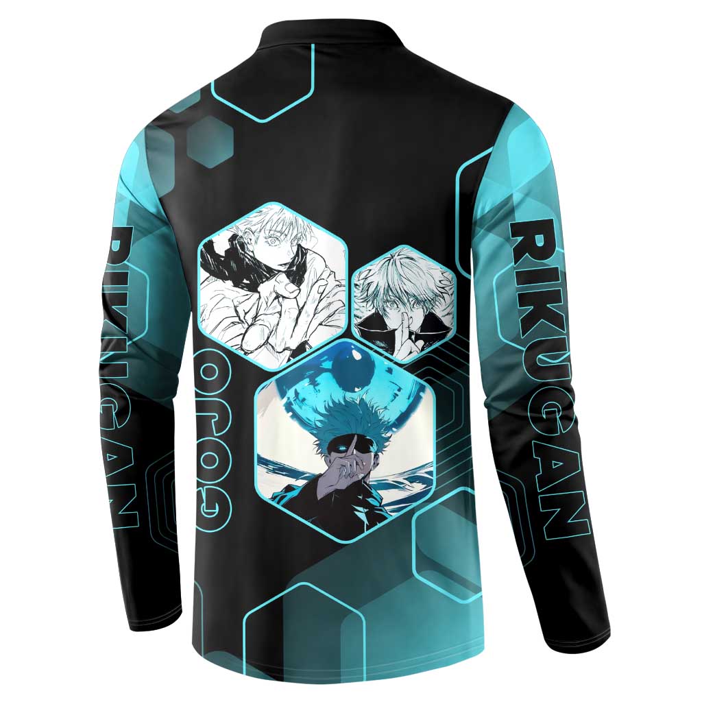 Gojo Satoru Jujutsu Kaisen Blue Hexagon Pattern Button Sweatshirt with Intense Expressions and Modern Anime Art - The Mazicc