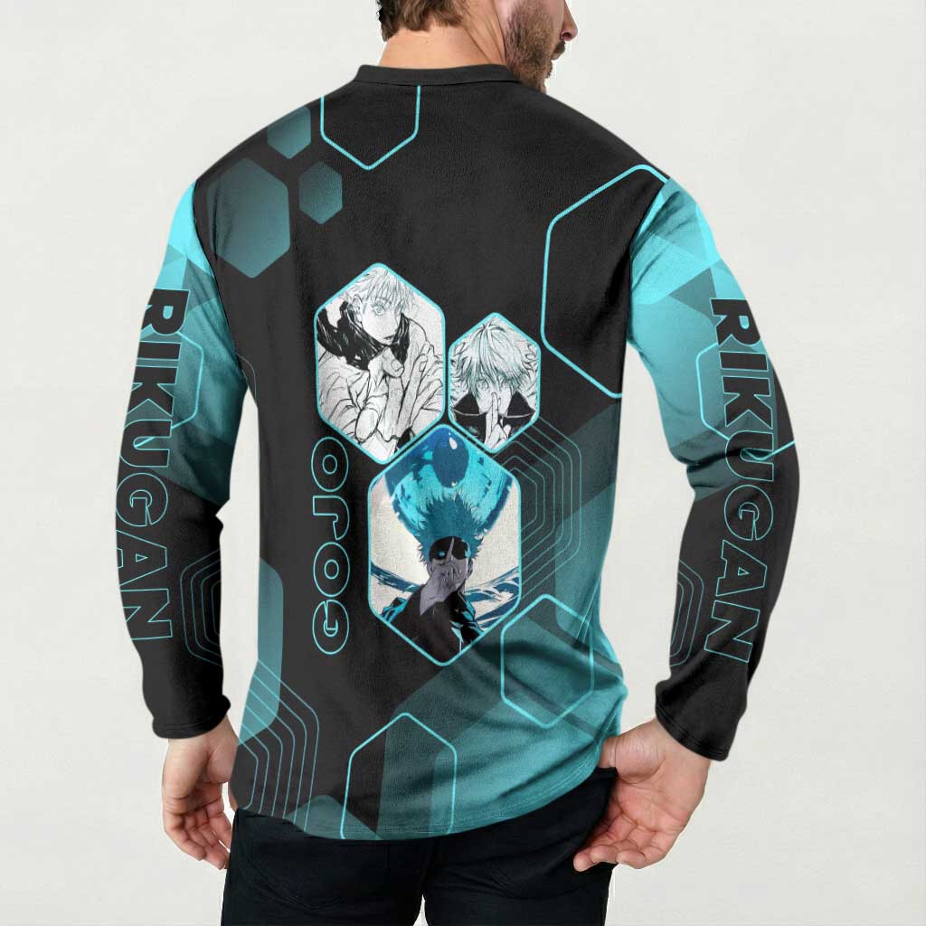 Gojo Satoru Jujutsu Kaisen Blue Hexagon Pattern Button Sweatshirt with Intense Expressions and Modern Anime Art - The Mazicc