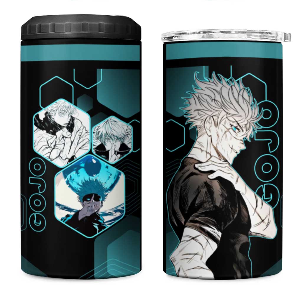 Gojo Satoru Jujutsu Kaisen Blue Hexagon Pattern 4 in 1 Can Cooler Tumbler with Intense Expressions and Modern Anime Art - The Mazicc
