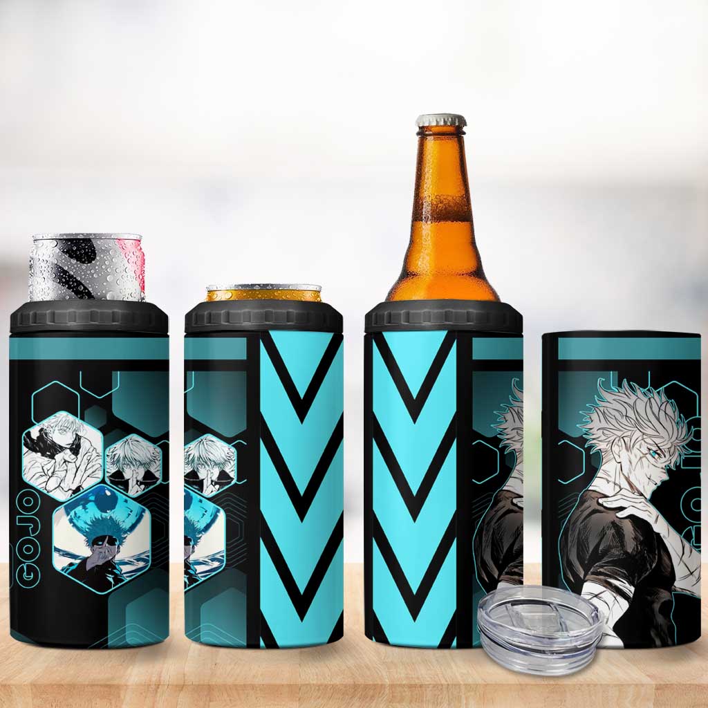 Gojo Satoru Jujutsu Kaisen Blue Hexagon Pattern 4 in 1 Can Cooler Tumbler with Intense Expressions and Modern Anime Art - The Mazicc