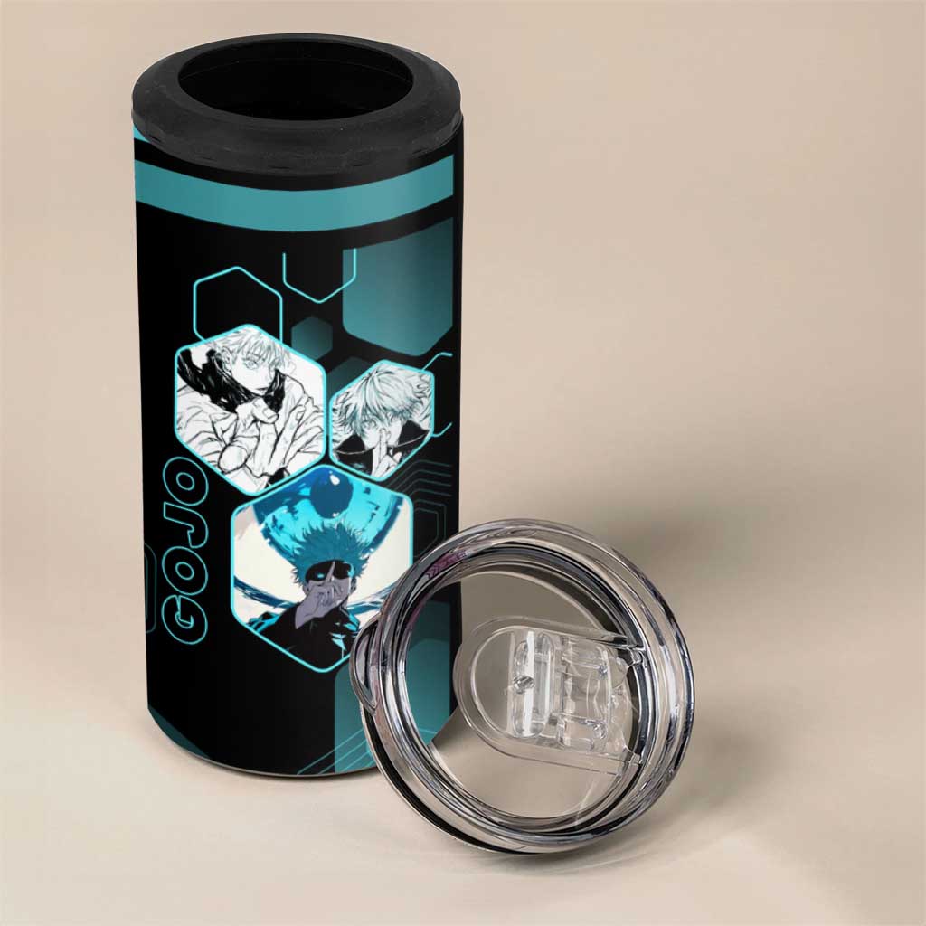 Gojo Satoru Jujutsu Kaisen Blue Hexagon Pattern 4 in 1 Can Cooler Tumbler with Intense Expressions and Modern Anime Art - The Mazicc