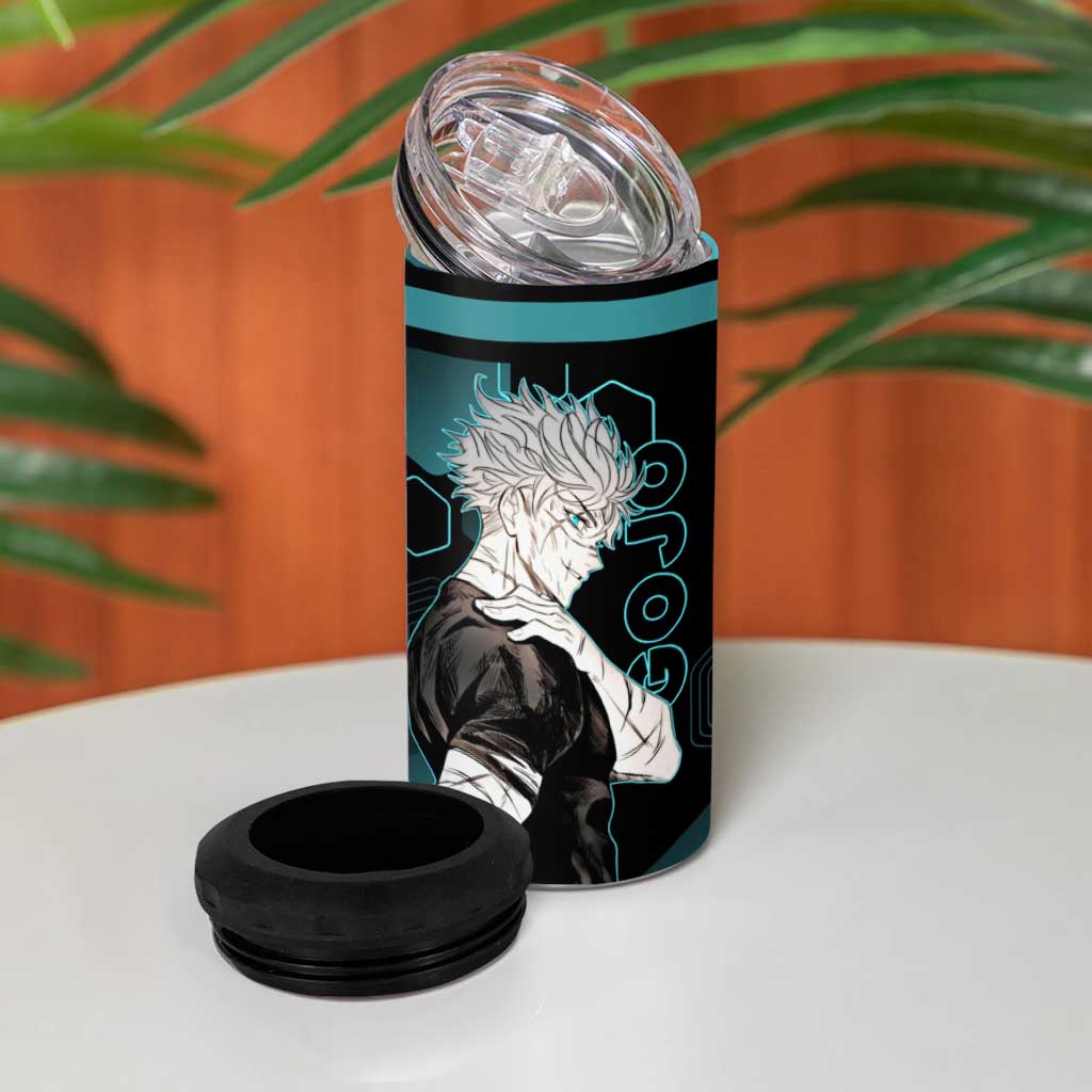 Gojo Satoru Jujutsu Kaisen Blue Hexagon Pattern 4 in 1 Can Cooler Tumbler with Intense Expressions and Modern Anime Art - The Mazicc