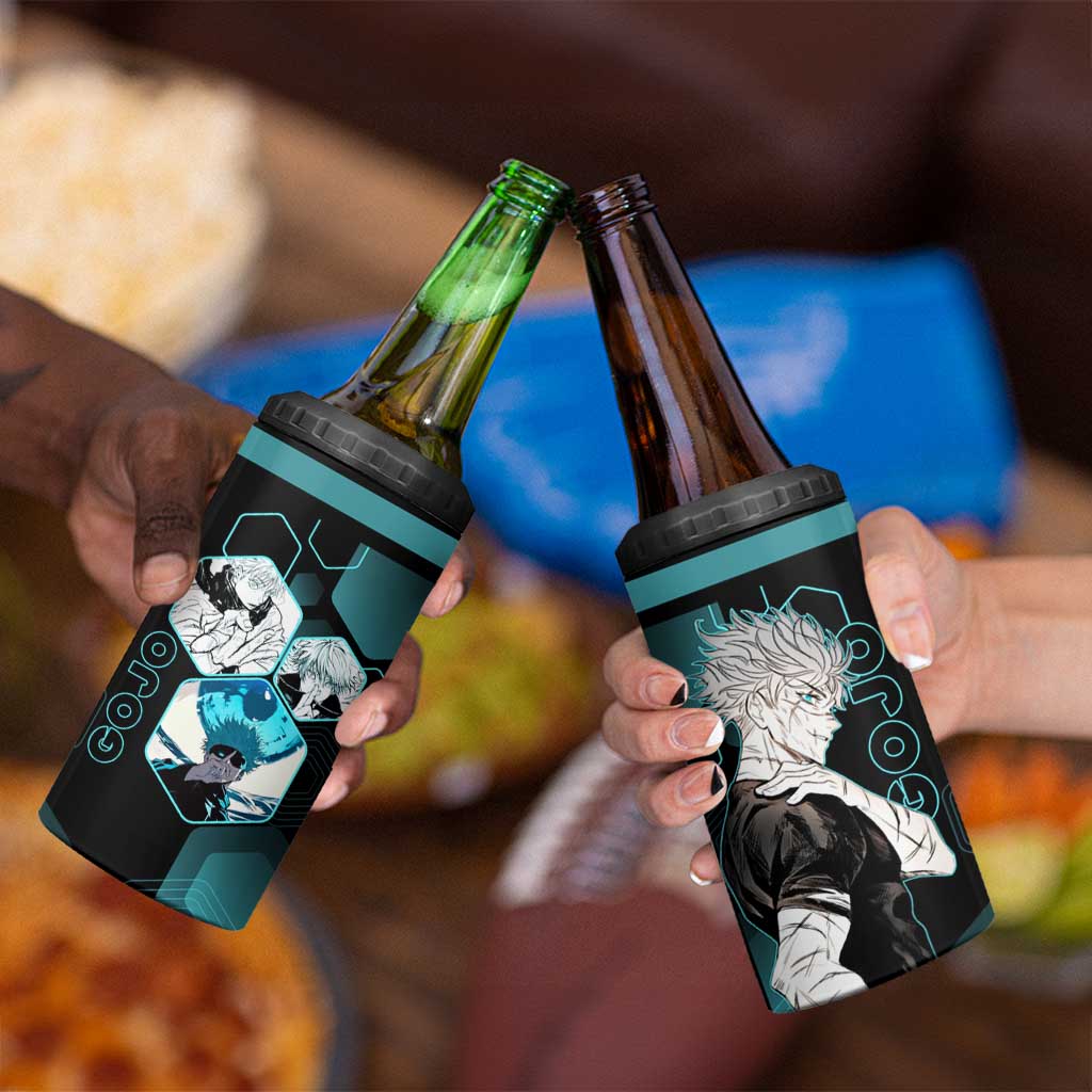 Gojo Satoru Jujutsu Kaisen Blue Hexagon Pattern 4 in 1 Can Cooler Tumbler with Intense Expressions and Modern Anime Art - The Mazicc