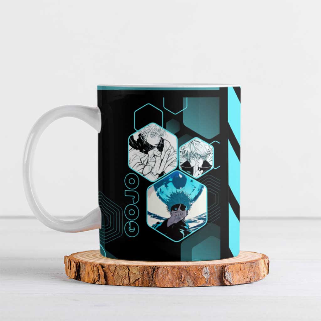 Gojo Satoru Jujutsu Kaisen Blue Hexagon Pattern Ceramic Mug with Intense Expressions and Modern Anime Art - The Mazicc