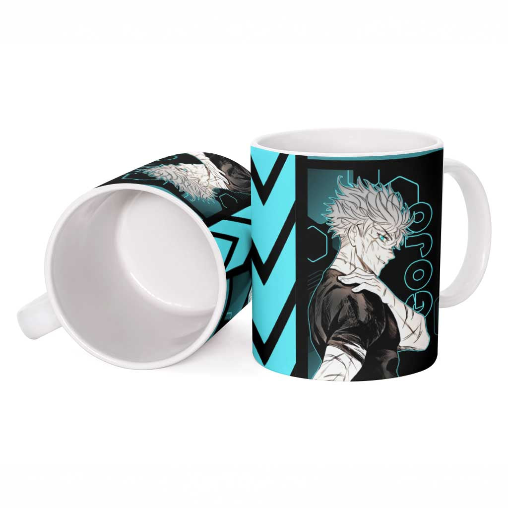 Gojo Satoru Jujutsu Kaisen Blue Hexagon Pattern Ceramic Mug with Intense Expressions and Modern Anime Art - The Mazicc