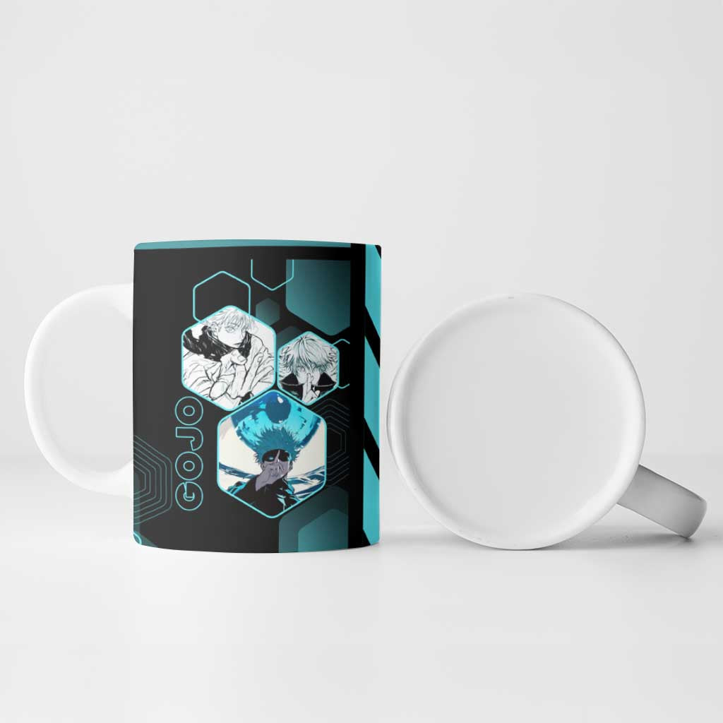 Gojo Satoru Jujutsu Kaisen Blue Hexagon Pattern Ceramic Mug with Intense Expressions and Modern Anime Art - The Mazicc