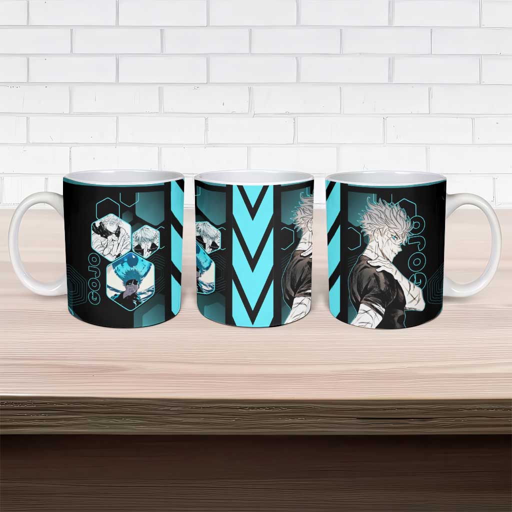 Gojo Satoru Jujutsu Kaisen Blue Hexagon Pattern Ceramic Mug with Intense Expressions and Modern Anime Art - The Mazicc