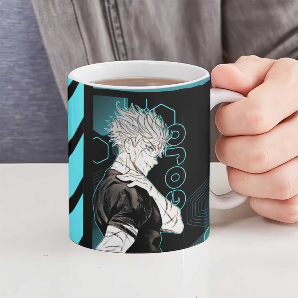 Gojo Satoru Jujutsu Kaisen Blue Hexagon Pattern Ceramic Mug with Intense Expressions and Modern Anime Art - The Mazicc