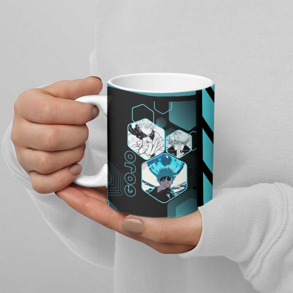 Gojo Satoru Jujutsu Kaisen Blue Hexagon Pattern Ceramic Mug with Intense Expressions and Modern Anime Art - The Mazicc