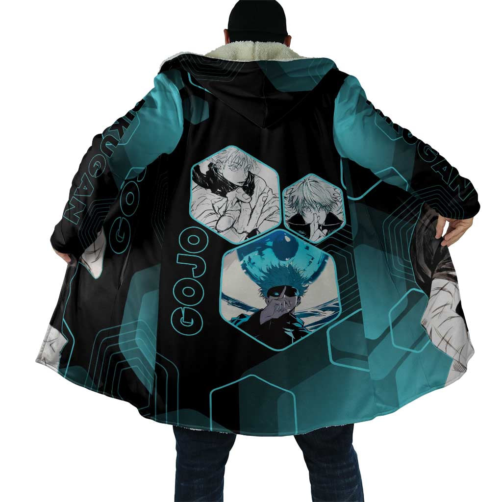 Gojo Satoru Jujutsu Kaisen Blue Hexagon Pattern Cloak with Intense Expressions and Modern Anime Art - The Mazicc