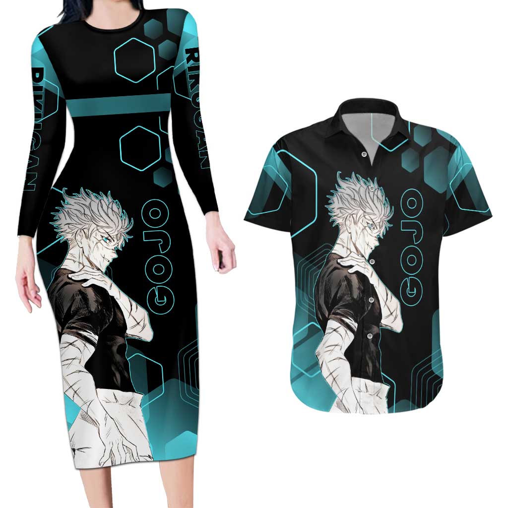 Gojo Satoru Jujutsu Kaisen Blue Hexagon Pattern Couples Matching Long Sleeve Bodycon Dress and Hawaiian Shirt with Intense Expressions and Modern Anime Art - The Mazicc