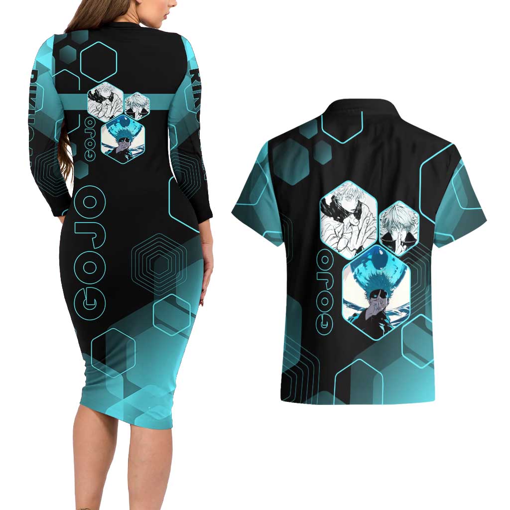 Gojo Satoru Jujutsu Kaisen Blue Hexagon Pattern Couples Matching Long Sleeve Bodycon Dress and Hawaiian Shirt with Intense Expressions and Modern Anime Art - The Mazicc