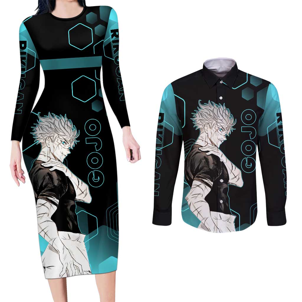 Gojo Satoru Jujutsu Kaisen Blue Hexagon Pattern Couples Matching Long Sleeve Bodycon Dress and Long Sleeve Button Shirt with Intense Expressions and Modern Anime Art - The Mazicc
